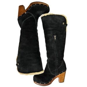 UGG Women’s Black Suede Shearling Lined Heeled Knee High Boots Size 8